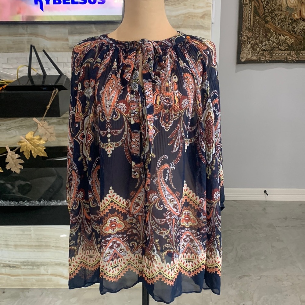 Cato Pleated Tie Front Paisley‎ Woman’s Navy Blue Blouse. Size(14-16) (70)